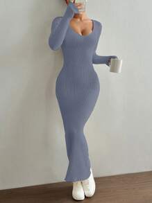 Lunelith SHEIN Lunessa Autumn Winter Casual Solid Color V-Neck Form-Fitting Maxi Sweater Dress