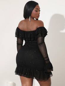 SHEIN SXY Vestido elegante con hombros descubiertos, volantes y detalles con brillo para tallas grandes para el Día de San Valentín