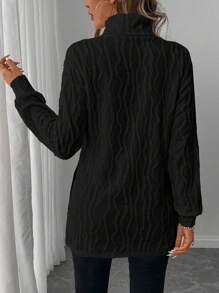 SHEIN LUNE Classic Long Sleeve Women's T-Shirt, Textured Jacquard Turtleneck, Warm & Comfortable, Side Slit, Versatile For Casual, Palace Party, All Seasons - Black - View 2