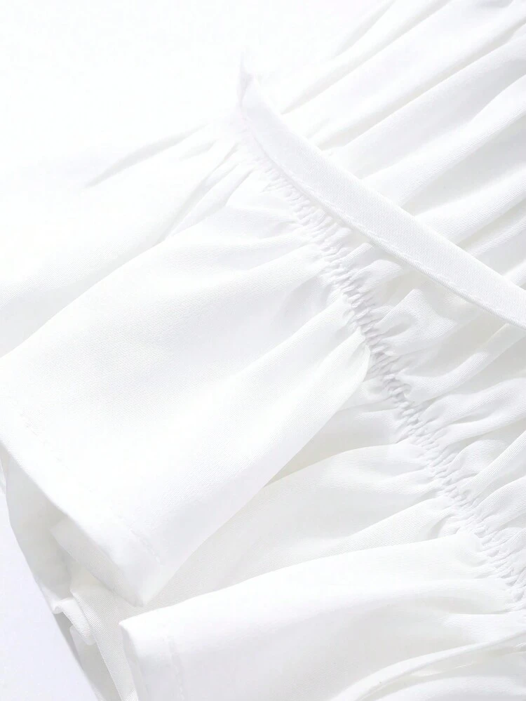 Women's White French Square Collar Puff Sleeve Satin Blouse, Mesh Patchwork Waist Crop Elegant Shirt For Summer Babydoll Top