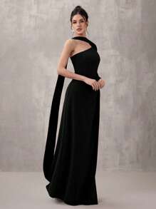 SHEIN Belle Women's Solid Color Asymmetrical Neck Long Sleeve Maxi Elegant Evening Gown, Black Formal Dress, Wedding Guest Dress, Party Dress