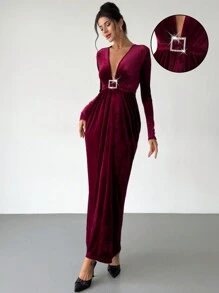 Firerie Vestido de noche largo y elegante con escote en V, manga larga, ajustado y extra largo con hebilla de rhinestone en vino tinto para mujer - Burdeos - Ver 1