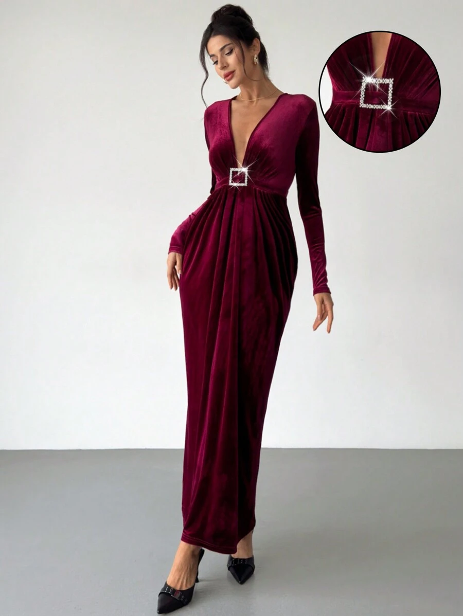 Firerie Vestido de noche largo y elegante con escote en V, manga larga, ajustado y extra largo con hebilla de rhinestone en vino tinto para mujer - Burdeos - Ver 1
