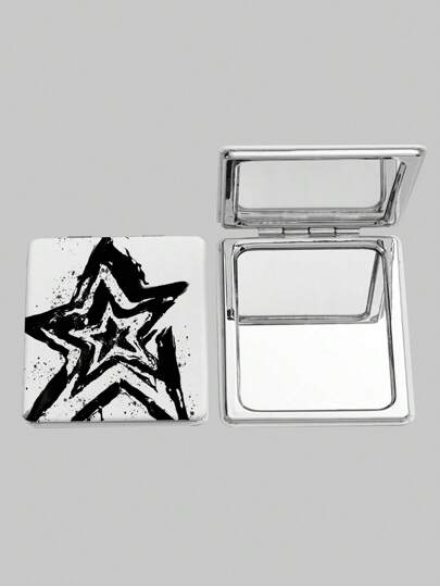 Grunge Punk 1 pezzo Specchio quadrato da trucco nero con stampa a stelle, specchio portatile comodo per le donne (disposizione del motivo casuale)