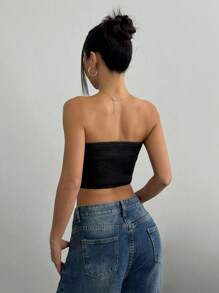 SHEIN EZwear Women Single-Breasted Pleated Black Woven Camisole Top - Black - View 2