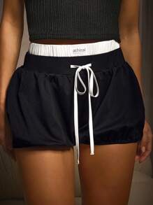 Athîral 女士撞色拼接前系带休闲简约短裤，日常穿着