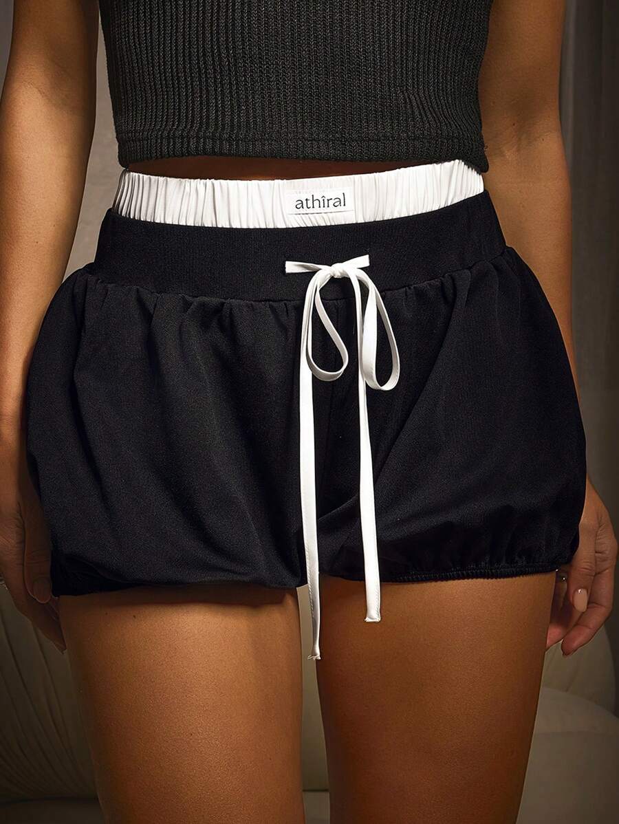 Athîral 女士撞色拼接前系带休闲简约短裤，日常穿着