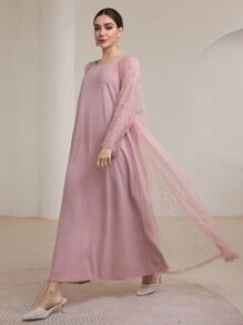 Graceveil 2 件套穆斯林女士传统伊斯兰服饰套装 - 长袍和蕾丝外层 - 粉色 - 查看 4