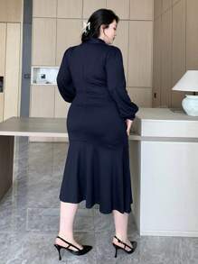 Dazy Plus Vestido elegante de talla grande, suelto, con cuello de corbata, de ajuste ceñido, con abertura lateral hasta la pantorrilla, vestido largo de manga larga para primavera/verano/otoño - Azul Marino - Ver 2