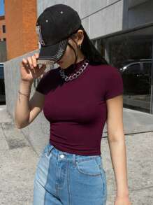 DAZY 女士修身立领短袖 T 恤，休闲日常穿着 - 酒紅色 - 查看 2
