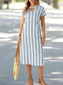 EMERY ROSE Vestido de verano de mujer con escote en V con muesca, estampado floral a rayas, de manga corta