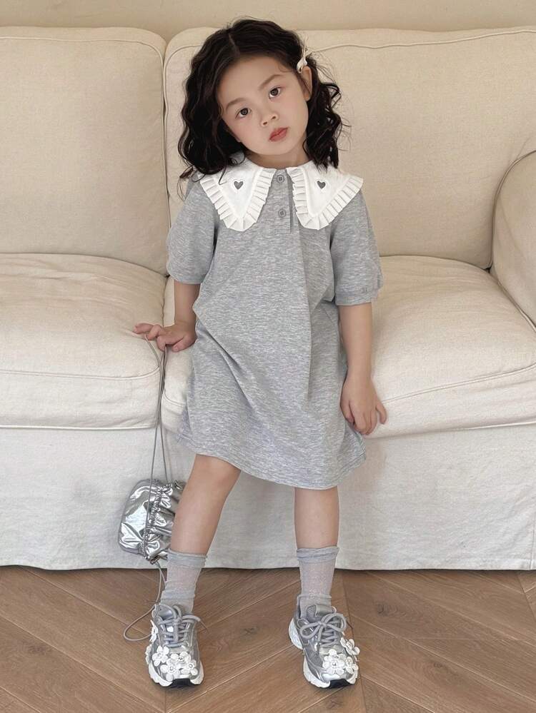 Young Girl Solid Color Patchwork Button Front Short Sleeve Simple Casual Dress
