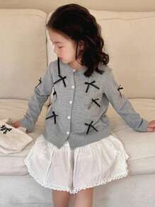 Dazy Kids Girls Round Neck Long Sleeve Knitted Tee With Bow Decor, Spring Young Girl Clothes