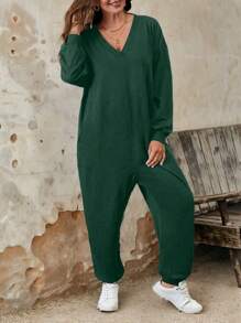 Women Casual Ribbed V-Neck Drop Shoulder Pocket Long Sleeve Plus Size Jumpsuit, Spring Autumn Loose