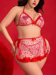 ROMWE Plus Size Romantic Valentine's Day Lace Patchwork Bow Sexy Open Front Lingerie Set - Red - View 6