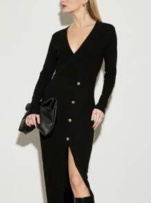 AiiRZ V Neck Ribbed Wrap Midi Dress - Black - View 5