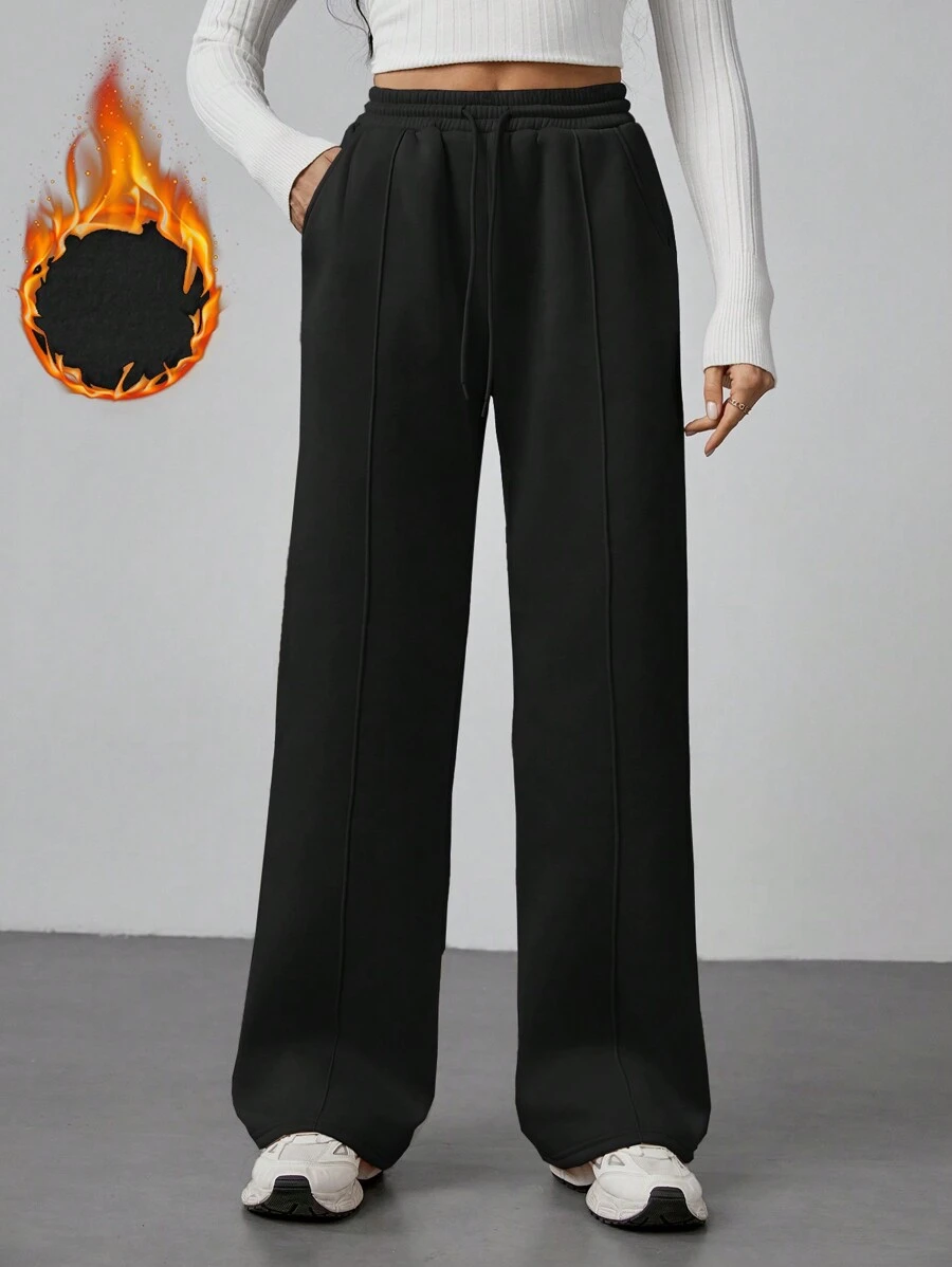 SHEIN Tall 女士秋季卡其色卵石缝线细节直腿运动裤 - 黑色 - 查看 1