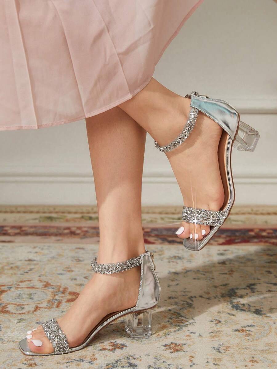 CUCCOO TILAWA Women's Fashion Crystal Heel & Glass Rhinestone Studded High Heel Sandals, Suitable For Formal Events & Outings Spring Shoes Spring Break Easter Prom Heels - Silver - View 1