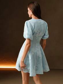 Anewsta Elegant Floral Lace Ruched Waist A-Line Mini Dress, Boho Spring/Summer Outfits - Blue - View 4