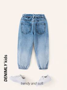 SHEIN Young Girl' Casual Versatile All-Match Cute Pearl Decor Washed Drawstring Waist Jeans, Suitable For Everyday And Party Wear - Light Wash - View 2