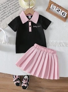 SHEIN Baby Girl Casual Polo Shirt Top And Pleated Skirt Set