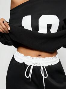 Coolane 女孩冬季 Y2K 学院风日常穿着数字印花保暖不对称领口长袖运动衫和白色松紧腰带阔腿运动裤