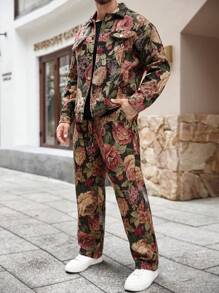 Manfinity Homme Bộ đồ thường ngày cho nam, áo khoác và quần dài tay đơn hàng khuy đơn in hoa, mùa thu - Bạc - Xem 8