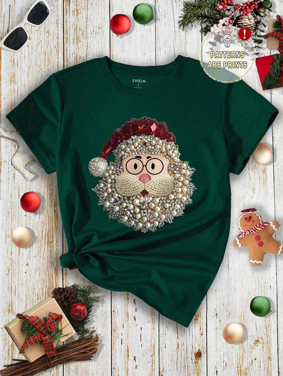 SHEIN LUNE 女士休闲圣诞圣诞老人印花宽松圆领短袖 T 恤，适合秋冬季 - 墨綠色 - 查看 1