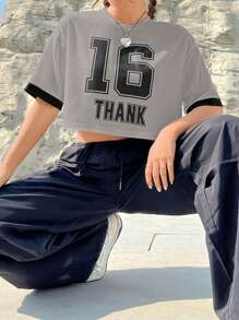 Muchica Women's Solid Color Patchwork Crew Neck Short Sleeve Letter Print Casual T-Shirt