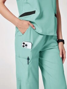 TaskEZ Contrast Trim Short Sleeve Scrub Set, Scrub Uniform - Mint Green - View 9