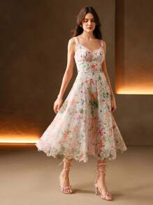 Anewsta 女士优雅花卉蕾丝荷叶边下摆无袖连衣裙，适合春夏季度假、早午餐装 - 彩色 - 查看 6