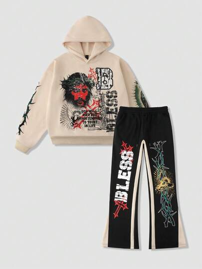 Street Life Ensemble sweat-shirt court et ample imprimé, style de rue pour homme