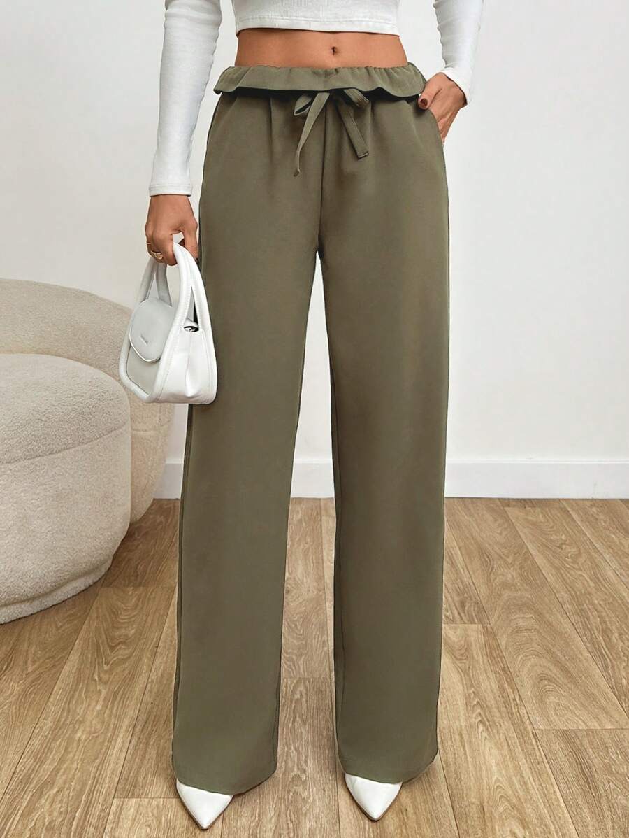 EURMUSE Women's Khaki Green Mid Rise Knotted Pants - Green - View 1