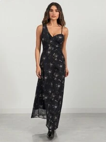 Glamine Ladies Sleeveless Floral Printed Chiffon Dress Summer Elegant Long Dresses - Black - View 5