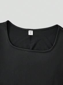 SHEIN Teen Girls Knit Short Sleeve Long Waist Cinched Boxy Neck Casual Fashionable All-Match Versatile Dresses, Girls Delicate Apparel, Suitable For Wedding Season, Floral/Partial Decor Style, No Traditional Pattern