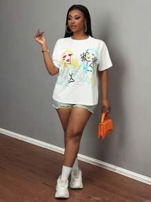 Slaydiva Plus Size Summer 2025 New Style Casual White Short Sleeve All-Match Versatile Abstract Line Pattern Printed T-Shirt