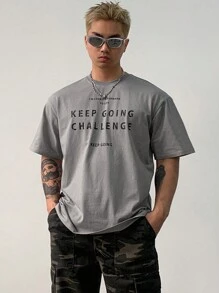 DAZY 男士基本款字母印花圆领短袖休闲T恤、图案T恤 - 綠色 - 查看 6