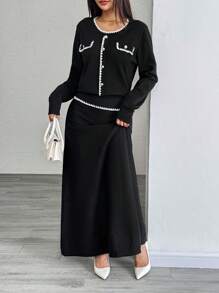 Chiquease 2pcs Women's Elegant Crew Neck Ribbed Knitted Sweater Set - Black - View 6