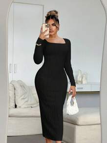 SHEIN SXY Tan Cable Knit Round Neck Long Sleeve Dress, Autumn/Winter - Black - View 1