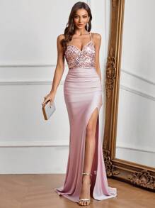 SHEIN Belle 吊带露背高腰亮片拼接高开叉长裙连衣裙毕业夏装 - 藕粉色 - 查看 4