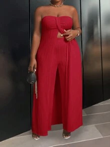 Slaydiva Plus Size Women 2 Pieces Set - Tropical Print Sleeveless Cropped Front-Slit Flowy Top & Solid Black Maxi Wide Leg Pants, For Everyday, Holiday And Elegant Wear, Spring/Summer