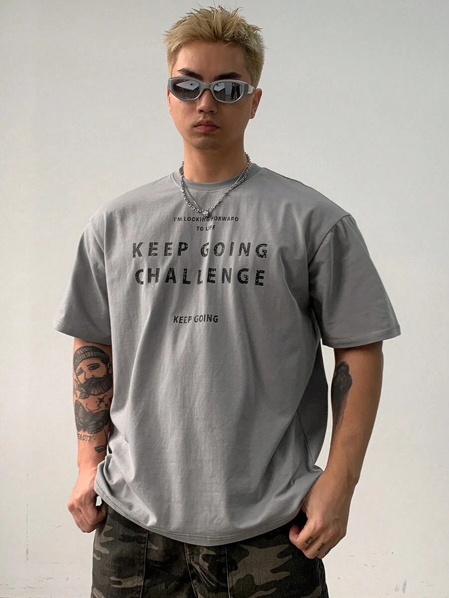 DAZY 男士基本款字母印花圆领短袖休闲T恤、图案T恤 - 綠色 - 查看 1