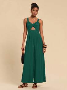 Travachic Women's Solid Color Twisted Lace Hollow Out Wide Leg Jumpsuit, Vacation Casual - Dark Green - View 3