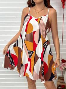 SHEIN LUNE Plus Size Colorful Geometric Pattern A-Line Slip Dress, For Summer - Red - View 1