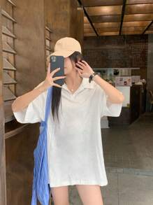 DAZY 女式常规领短袖中长休闲T恤学院风上衣 - 白色 - 查看 8