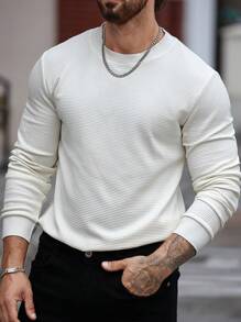 Manfinity Homme Áo thun nam tay dài trơn cỡ lớn, phong cách đơn giản, mặc hàng ngày - Màu be - Xem 4
