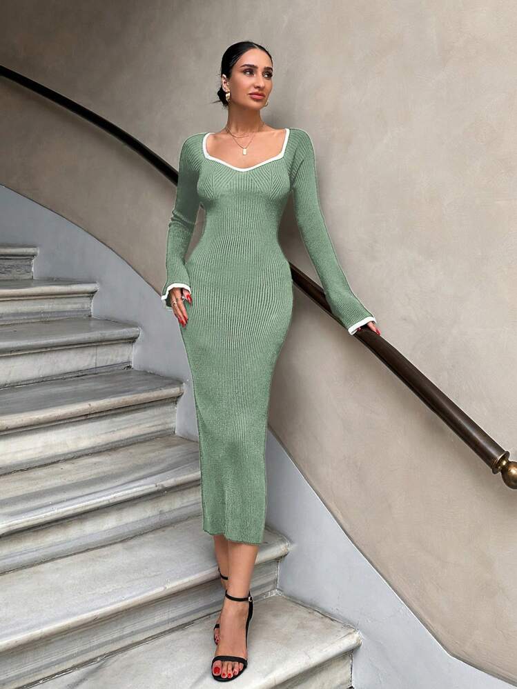 EURMUSE Contrast Binding Sweetheart Neck Raglan Sleeve Dress - Mint Green - View 6