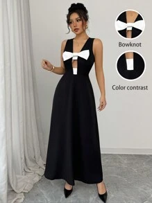 Elenzga Vestido sin mangas con contraste de color y lazo