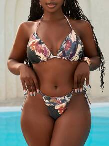Slaydiva Summer Tree Trunk Floral Print Halter Crop Top And Tie Side Bikini Set, Beach Vacation - Multicolor - View 2
