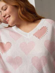 SHEIN EZwear 大码粉色心形图案V领舒适宽松针织套头衫，适合情人节穿着 - 粉色 - 查看 1